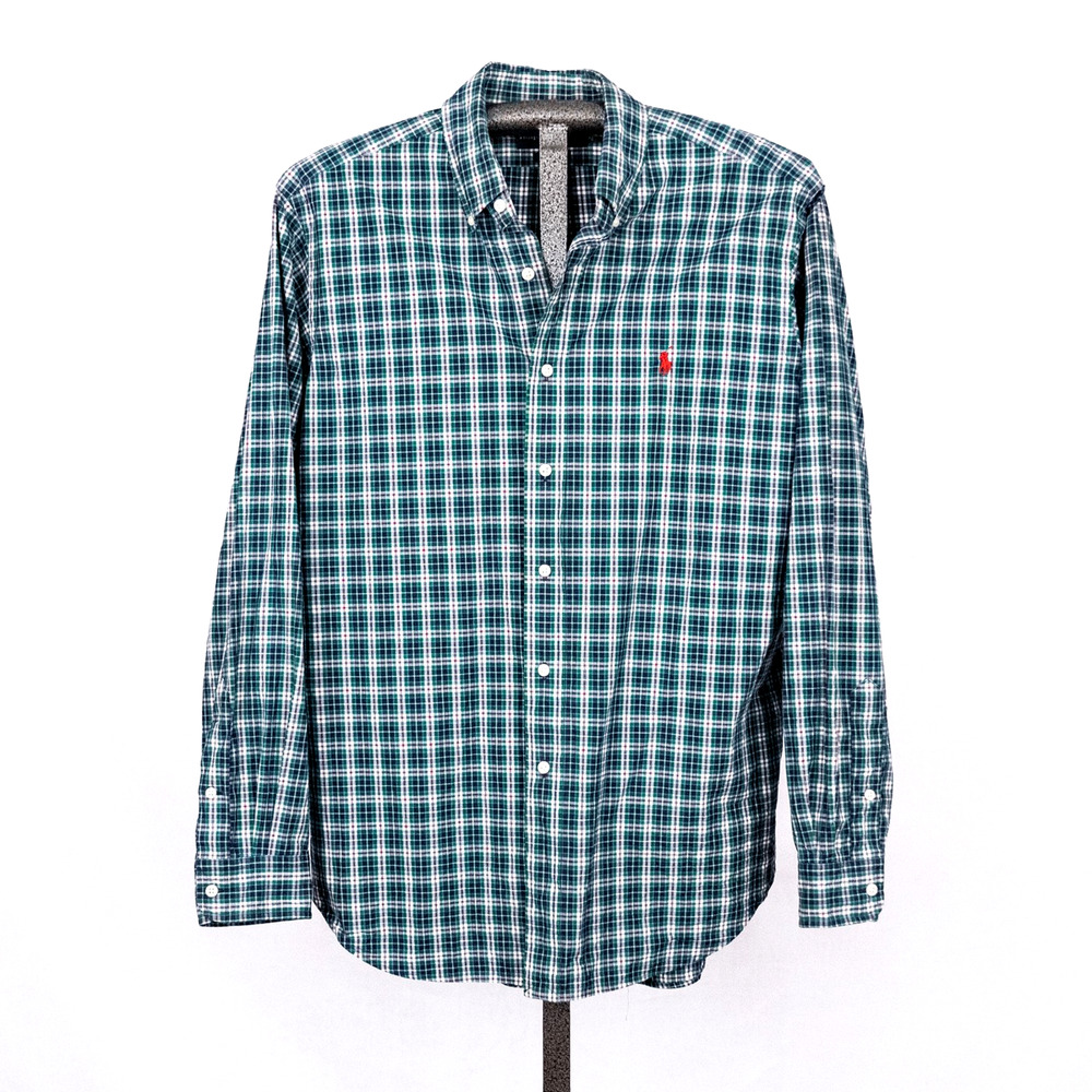 Vintage Ralph Lauren Men's Classic Fit Button Down Shirt LARGE Green Blue Plaid